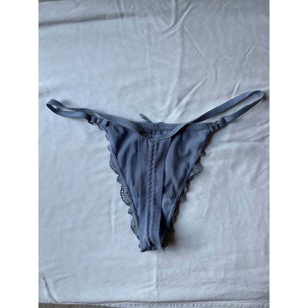 NWOT Blue Lace Thong Adjustable Side Straps Sheer Floral Mesh Vintage Y2K M - Picture 2 of 3